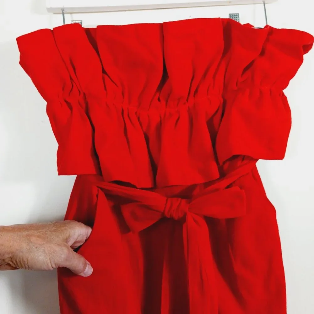 Ambition, Med., Red Strapless Linen Blend Jumpsuit W/ Ruffled Top, Calf Length - Picture 7 of 13